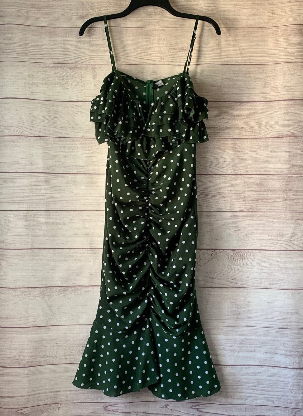 PrettyLittleThing Green and White Polka Dot Dress Ruffle Top Ruched Size 10